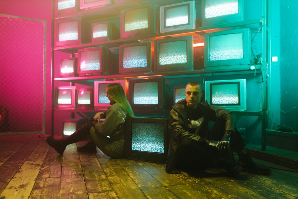 A futuristic sci-fi film set with bright lights and high-tech equipment